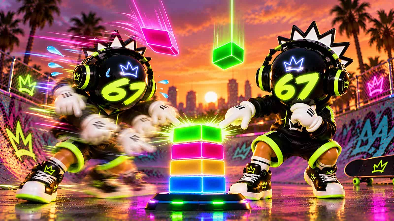 The 67 mascot split in two poses, one tapping frantically fast and one calmly focused, above a shared tower
