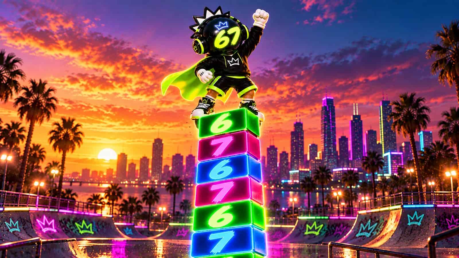 The 67 mascot standing proudly atop a huge finished tower of glowing 6 and 7 blocks against a neon skyline