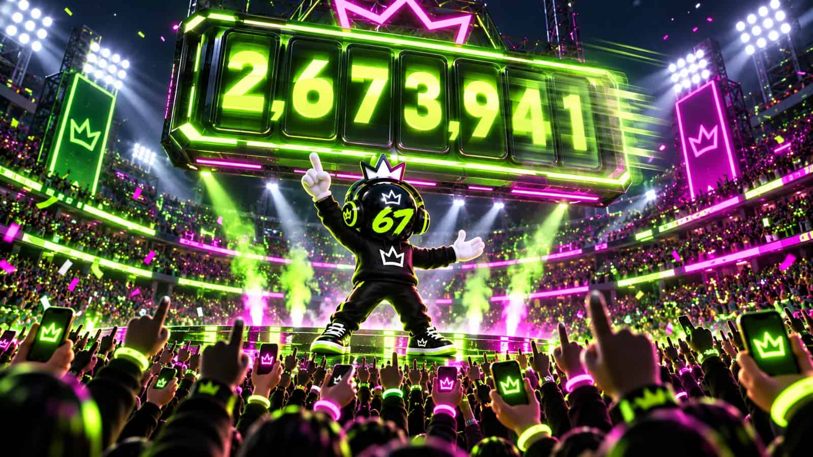 A giant glowing number ticking upward above a crowd of hands all tapping at once