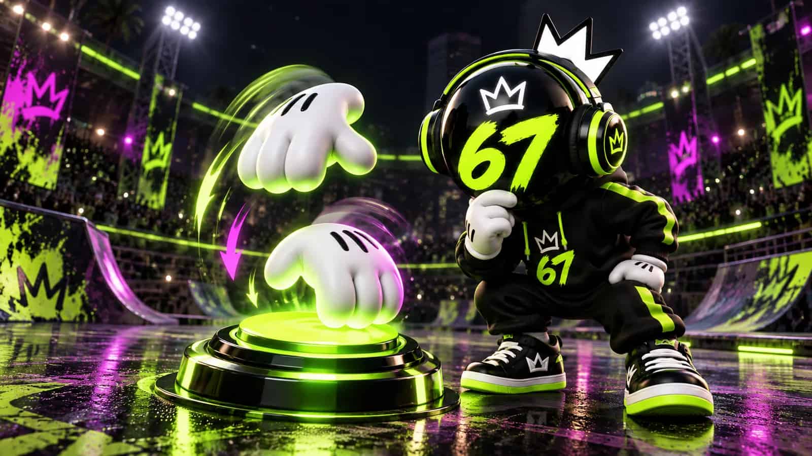 Two cartoon gloved hands, one raised and one lowered, mid swap beside a glowing lime button