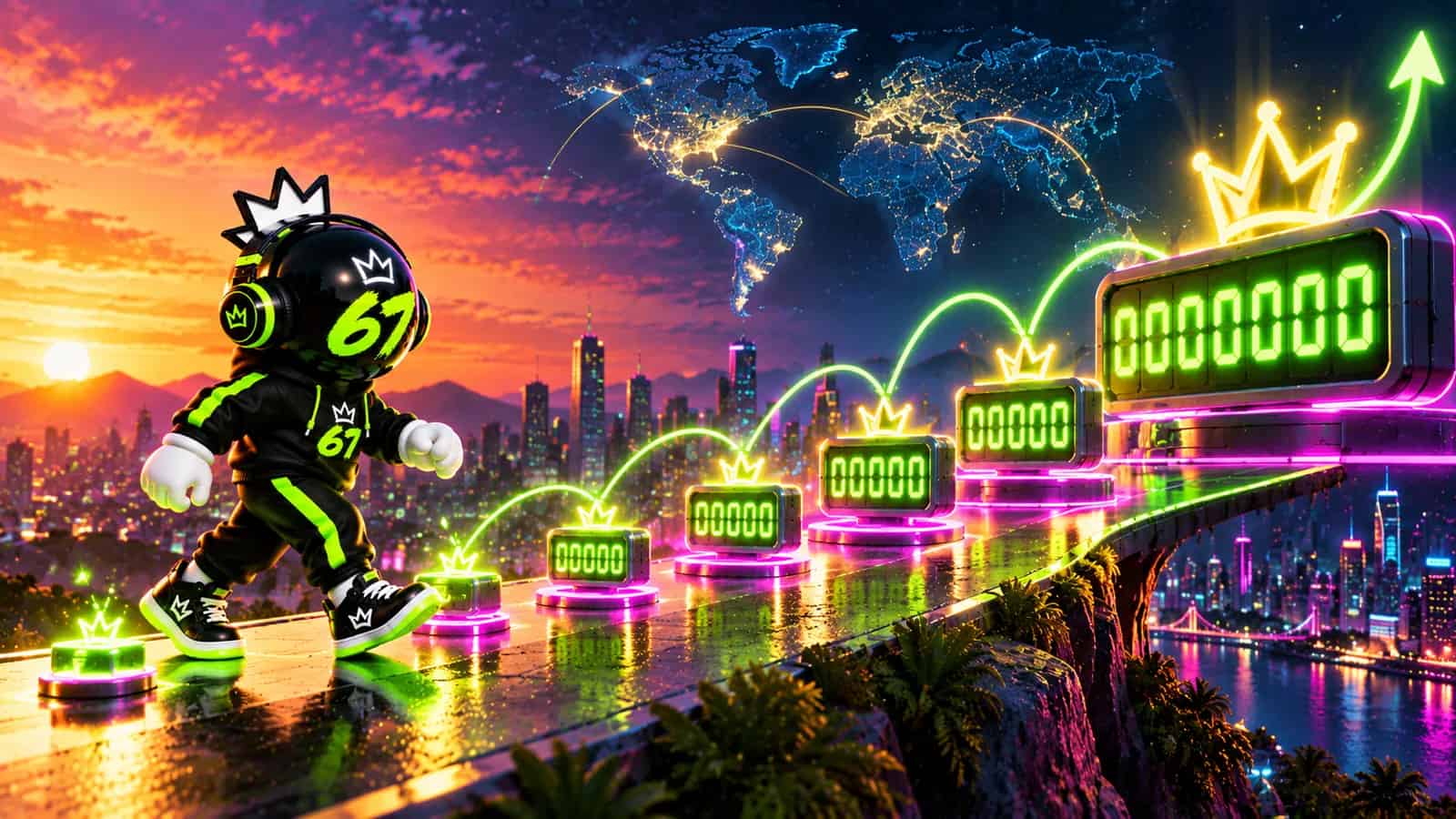 A timeline of glowing counters growing larger from a small spark to a massive floating number