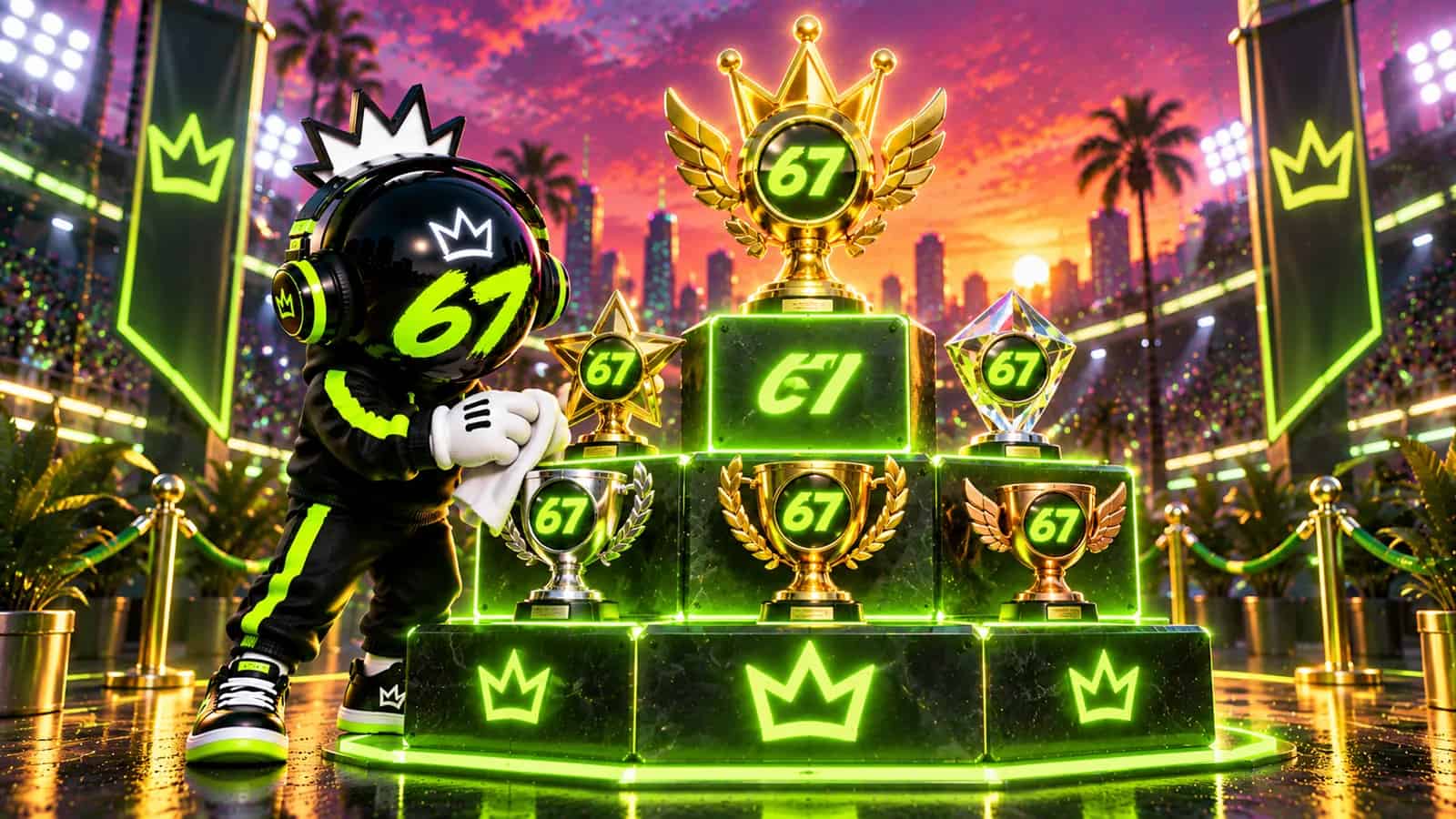 A trophy shelf made of glowing lime 67 tiles stacked into a small pyramid