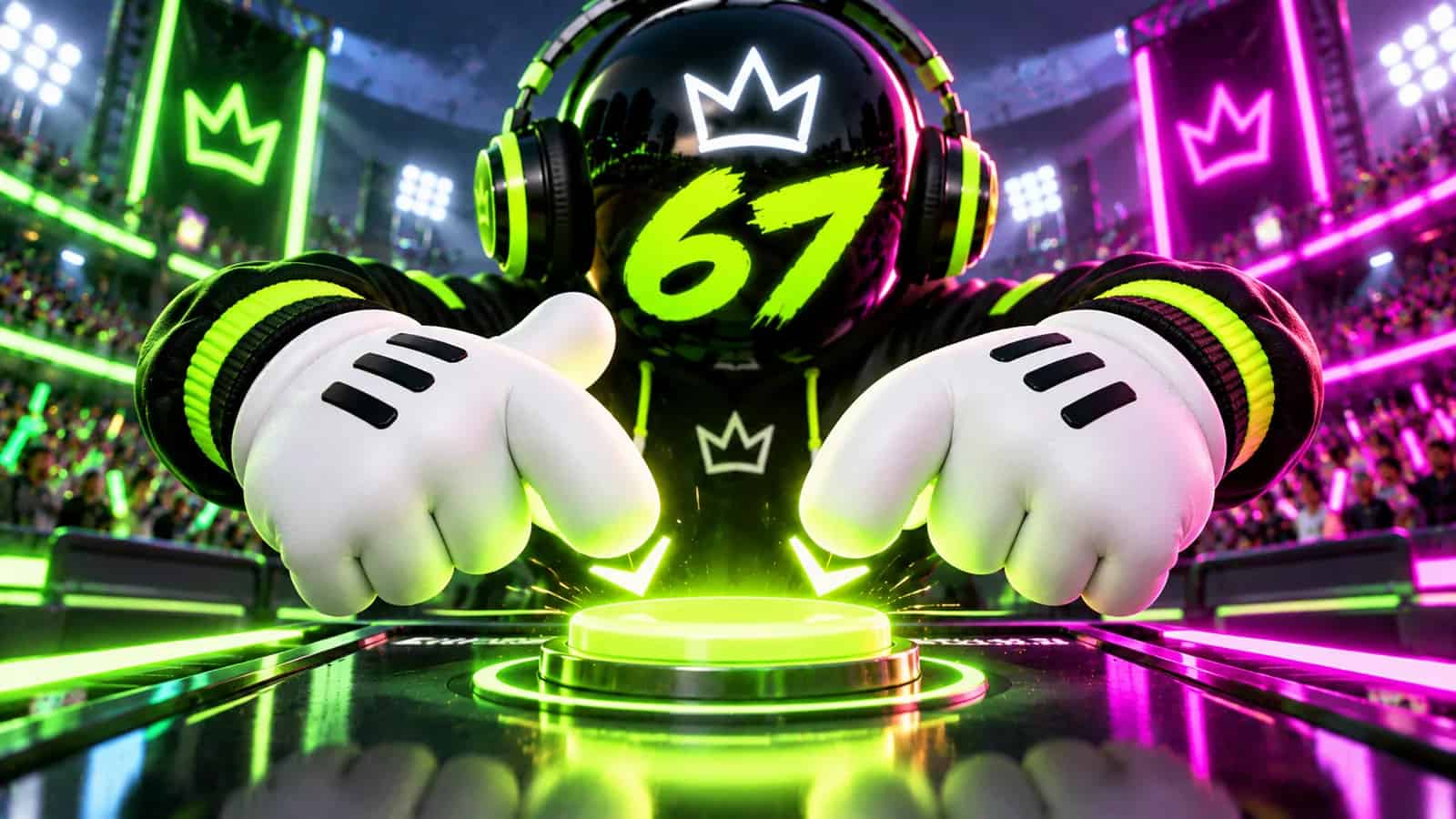 Close-up of two thumbs hovering over a glowing lime button in perfect alternating position