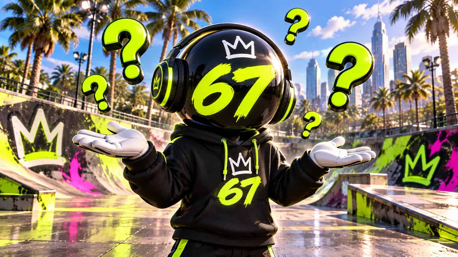 The 67 mascot shrugging with both palms up, doing the six seven gesture