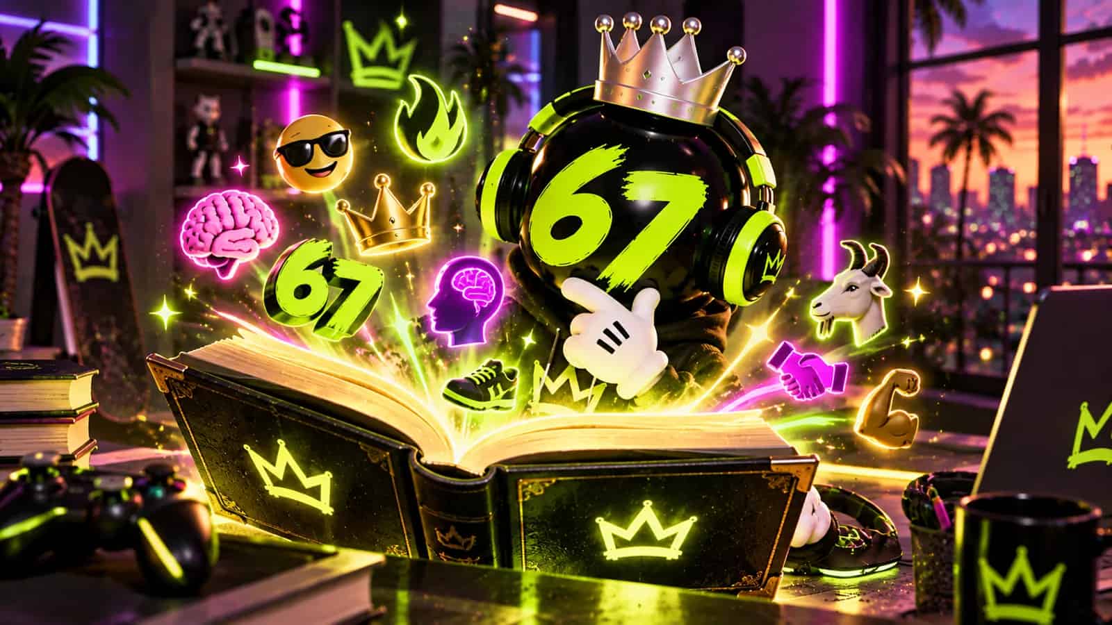 A dictionary opened with glowing icons popping out while the mascot reads it