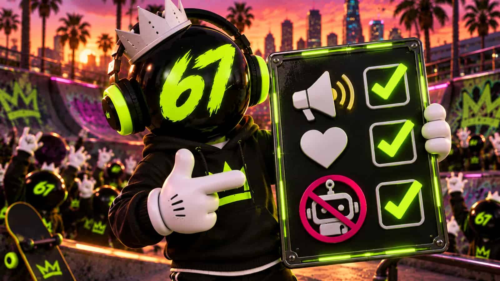 The mascot holding up a checklist sign with lime checkmarks
