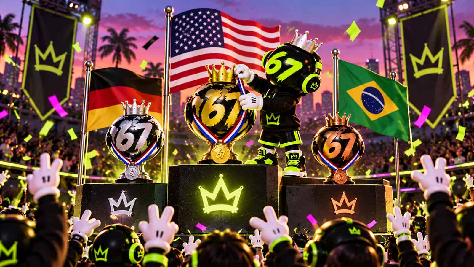 A podium with three flags and 67 trophies while the mascot hands out medals