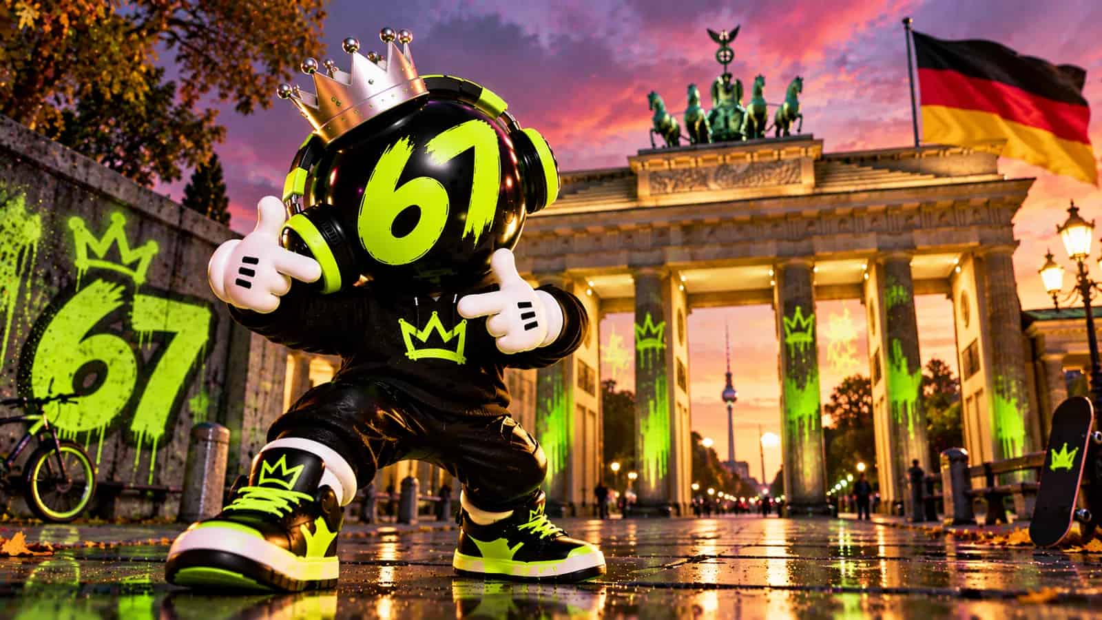 The mascot at the Brandenburg Gate doing the gesture beside lime graffiti