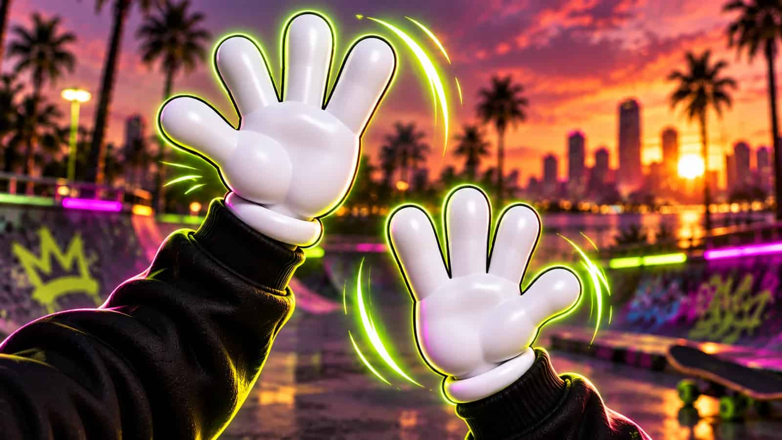 Two white cartoon gloves palms up, one higher than the other, with lime motion lines