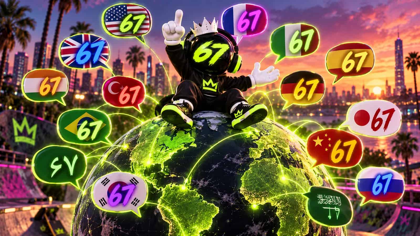 A globe surrounded by speech bubbles each with a 67 while the mascot sits on top
