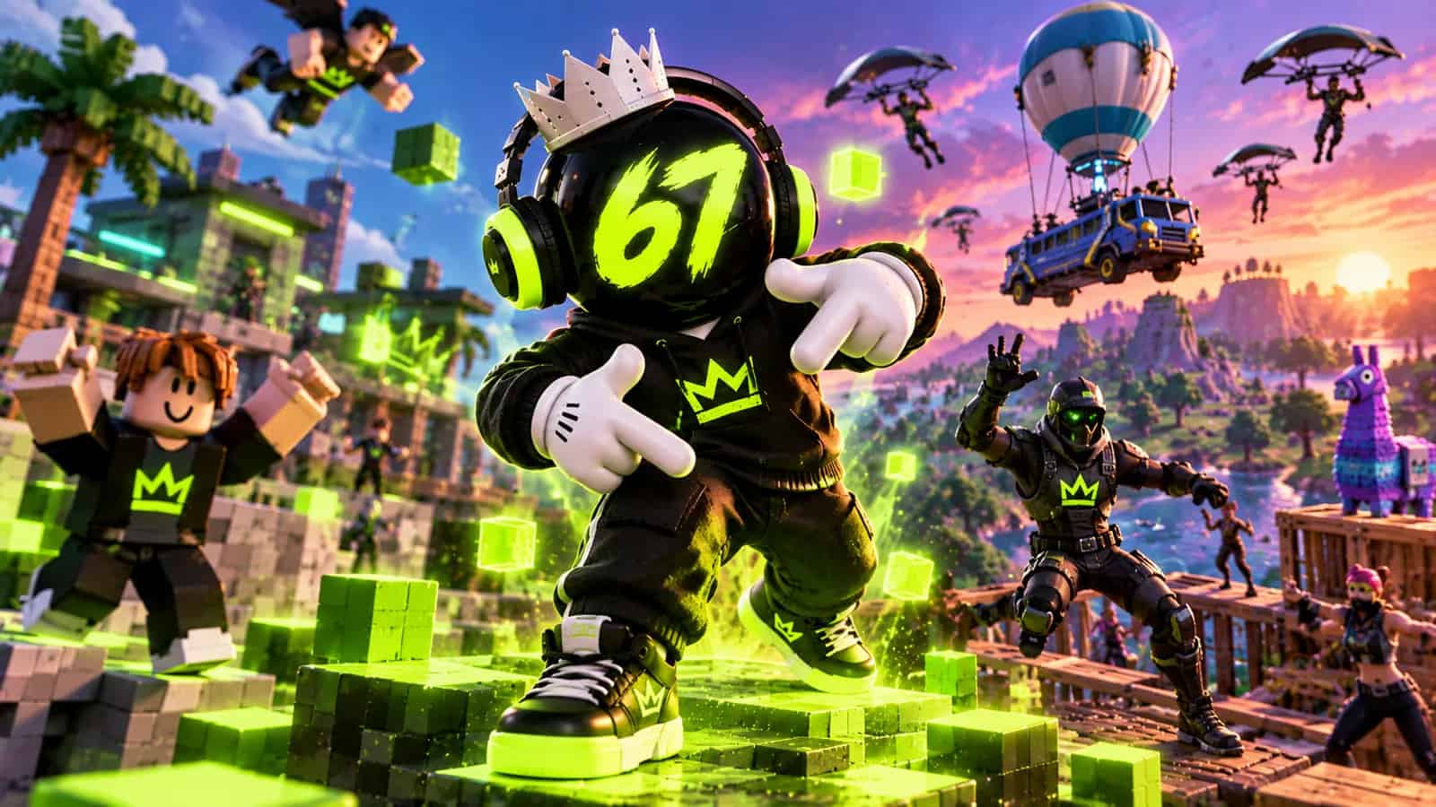 The mascot in a blocky game world doing the gesture with lime voxel effects