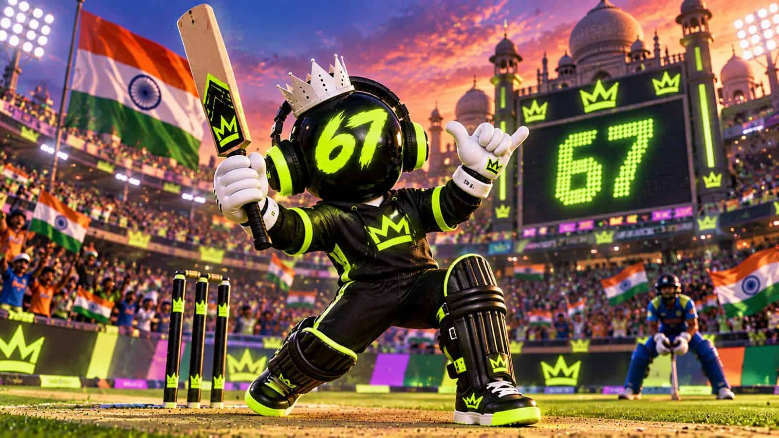 The mascot holding a cricket bat under a scoreboard reading 67 in a colourful stadium