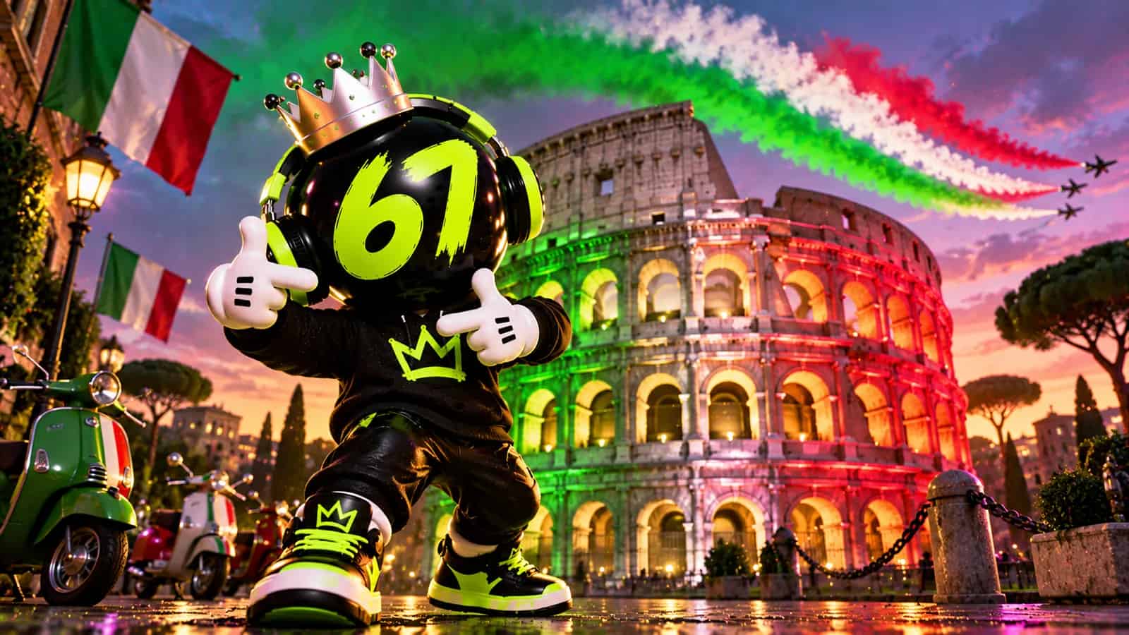 The mascot in front of the Colosseum doing the gesture under a sky in Italian flag colours