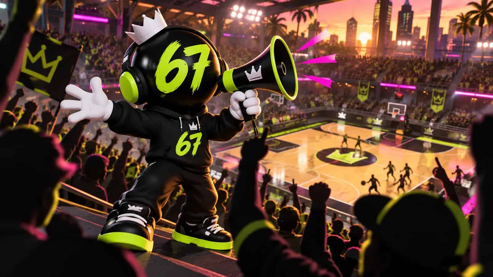 The 67 mascot standing on bleachers screaming into a megaphone above a basketball court