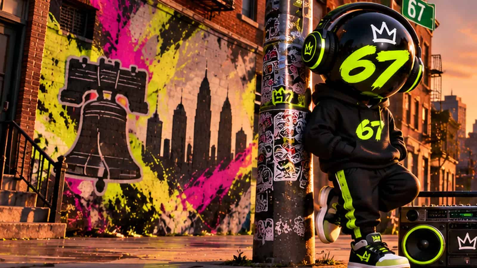 The 67 mascot leaning on a 67 street sign at dusk with a boombox