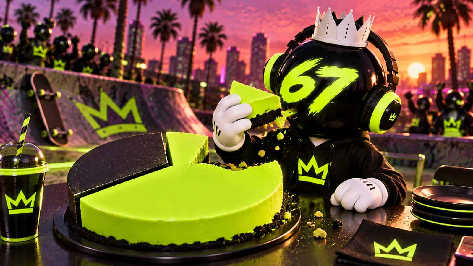 A pie chart with a 67 percent lime slice being eaten by the mascot