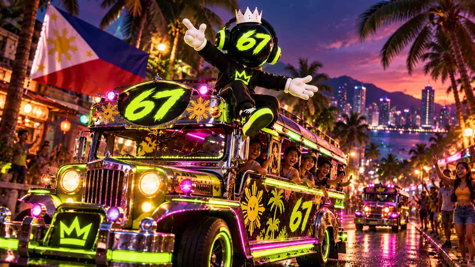 The mascot riding a jeepney decorated with 67 through a tropical street at night
