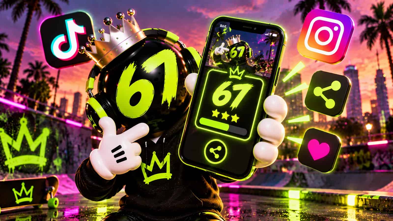 A phone showing a score card with a big 67 while share icons float around the mascot