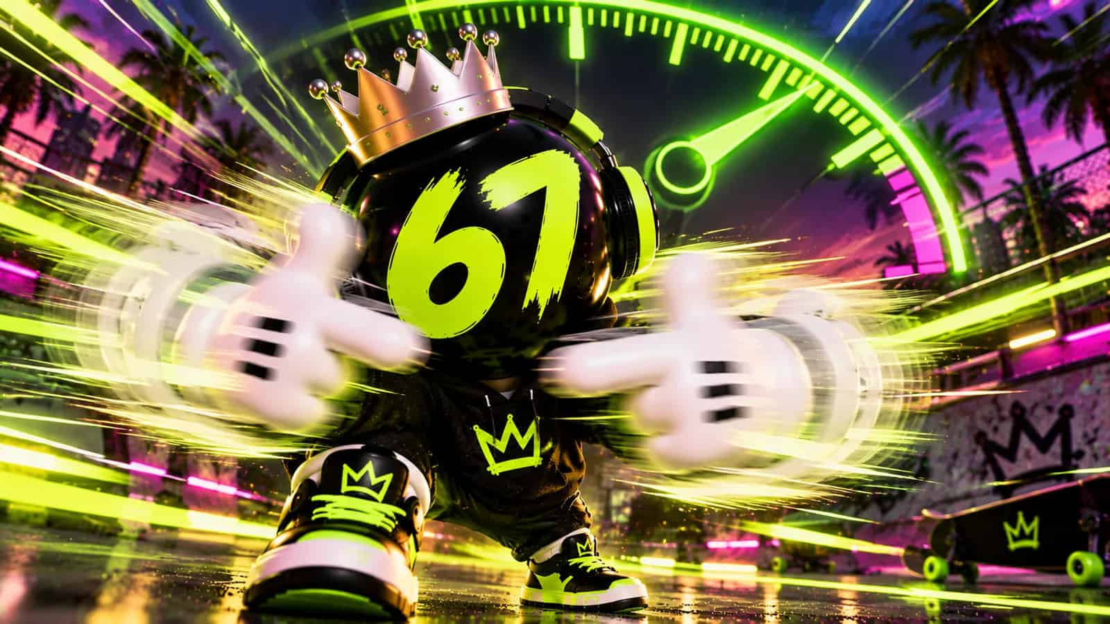 The two gloves moving in a blur with speed lines under a lime speedometer