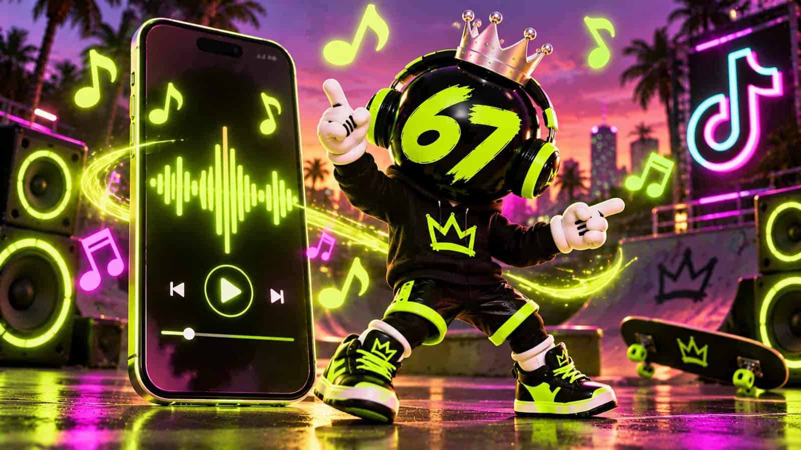 A phone showing a lime waveform with musical notes while the mascot dances
