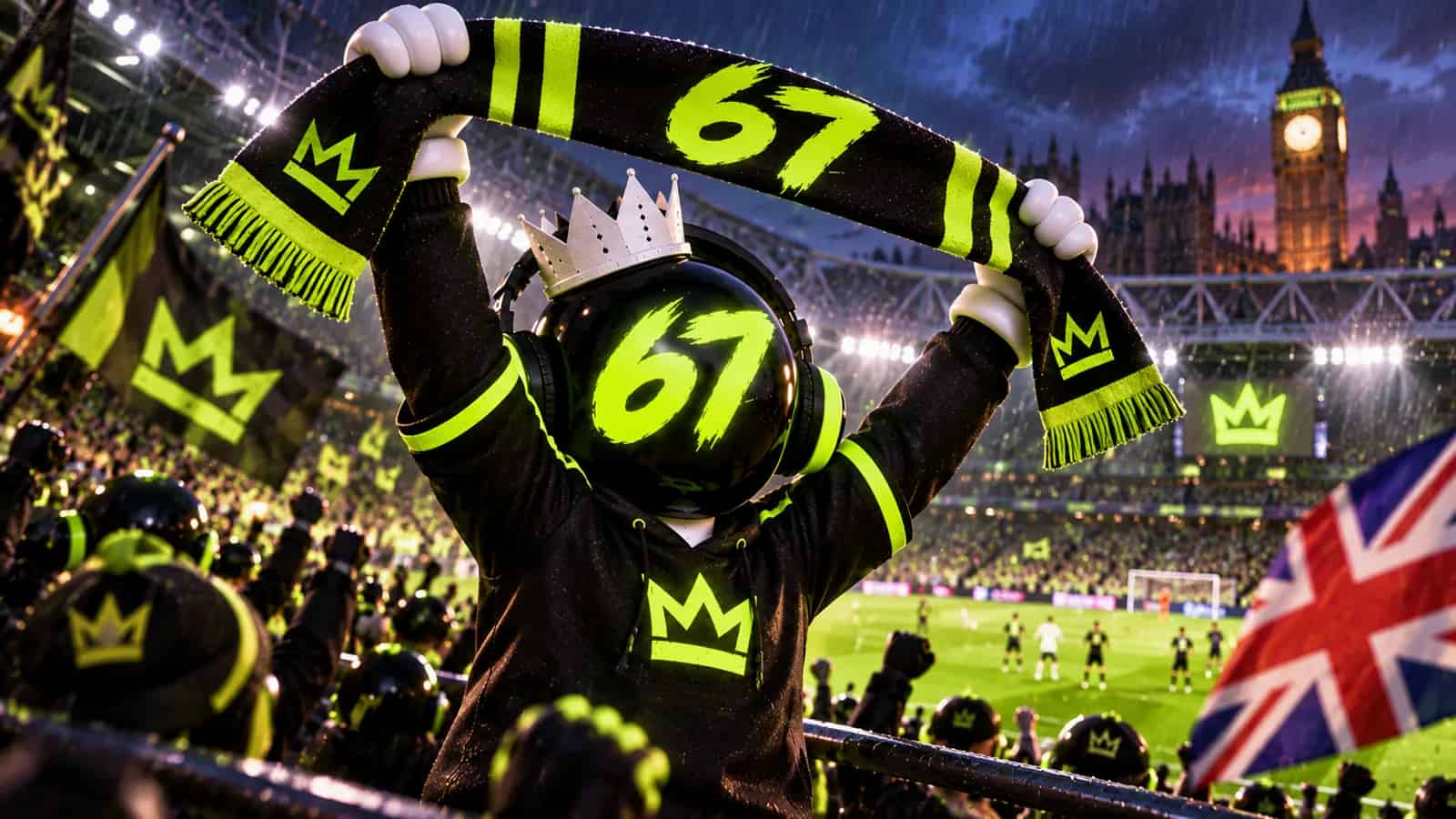 The mascot in a football stadium waving a 67 scarf under rainy evening lights