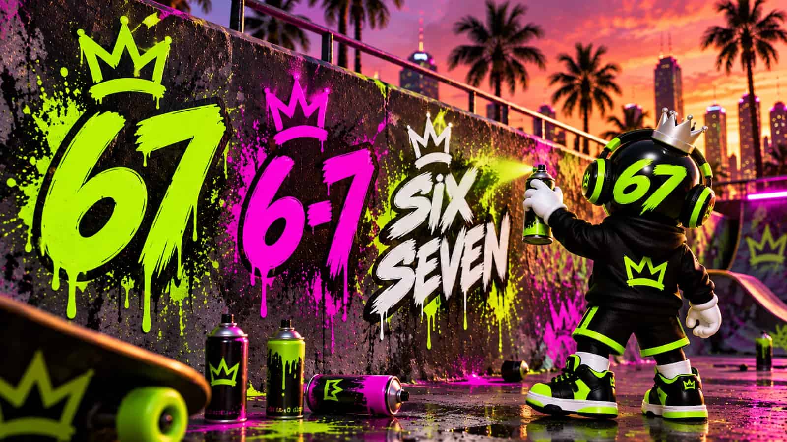 Three graffiti versions of the number on a skate park wall while the mascot spray paints