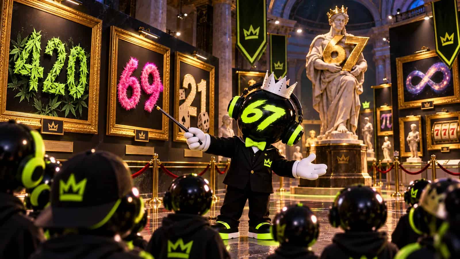 A museum gallery with framed numbers while the mascot gives a tour
