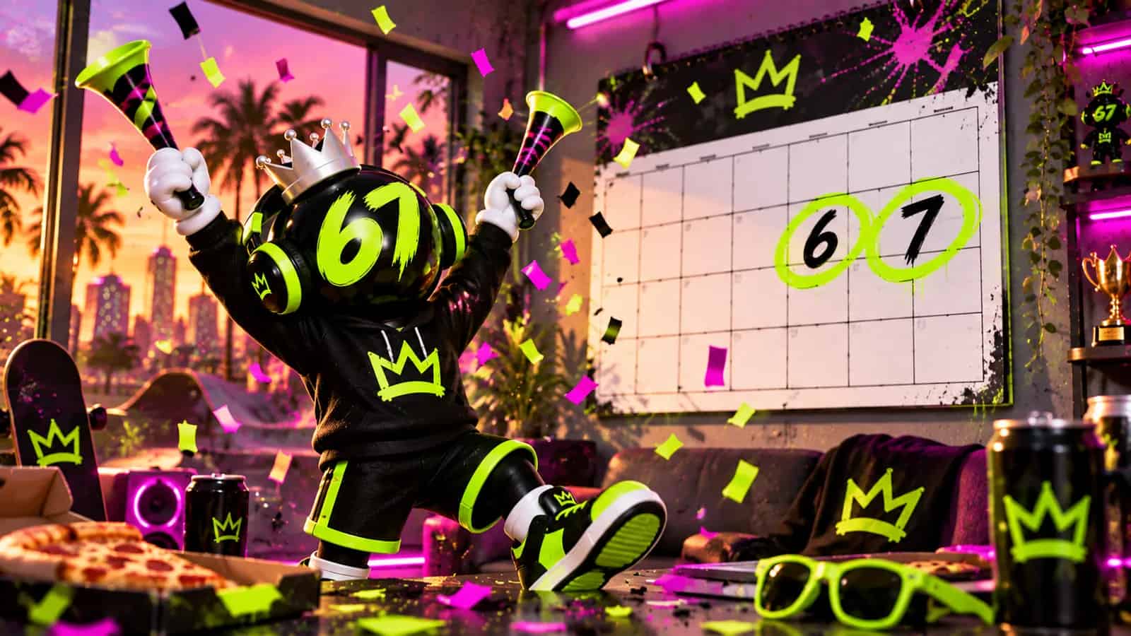 A wall calendar with Saturday 6 and Sunday 7 circled in lime and the mascot celebrating with party horns