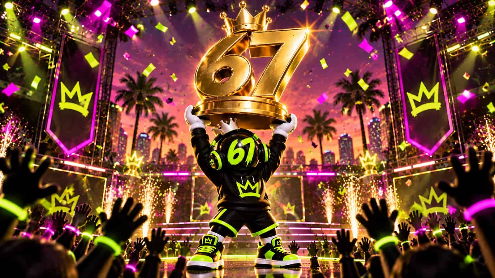 A giant golden trophy shaped like 67 on a stage with confetti and the mascot lifting it