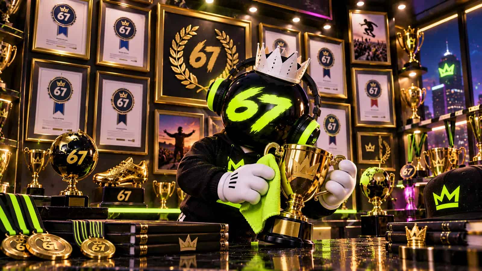 A wall of framed record certificates with 67 while the mascot polishes a trophy