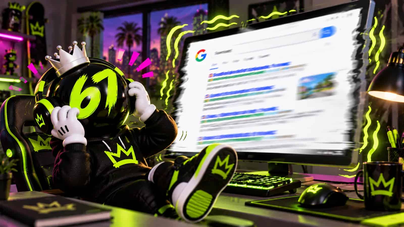 A wobbling search results page on a big screen with the mascot laughing beside it
