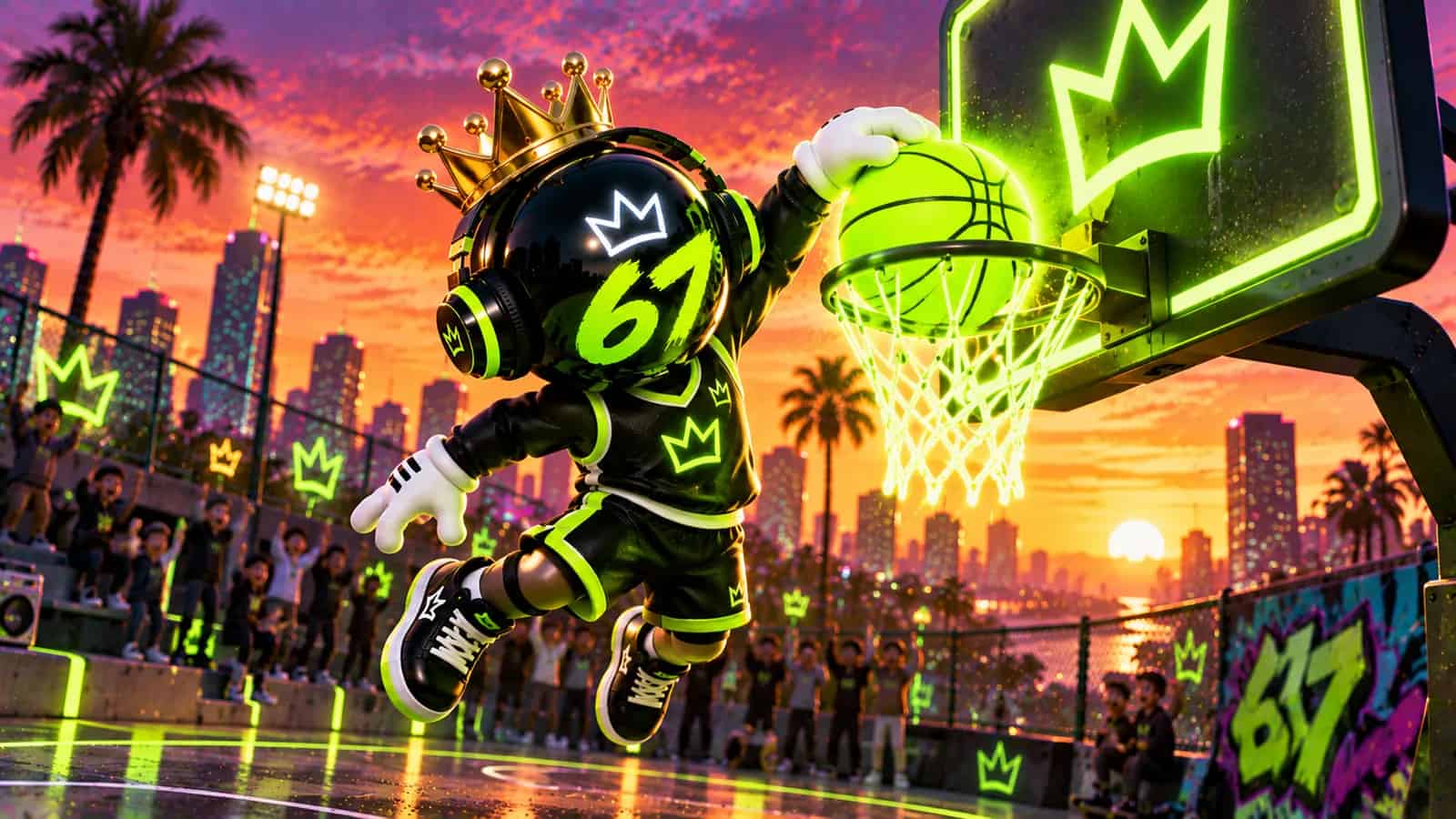 The mascot wearing a crown and headphones dunking a lime basketball through a neon crowned hoop