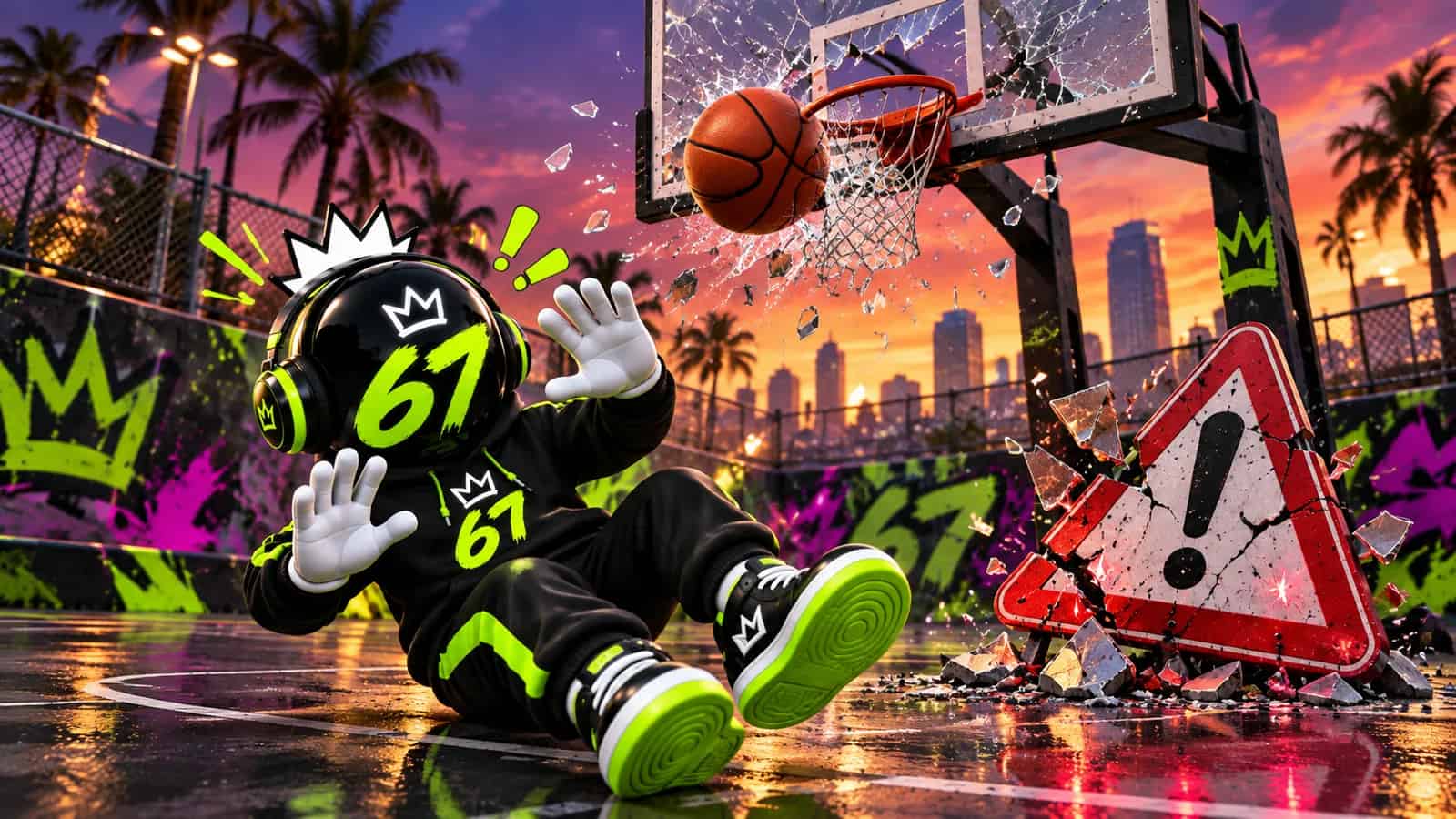 The mascot flinching in front of a shattered red BUST text and a cracked hoop backboard