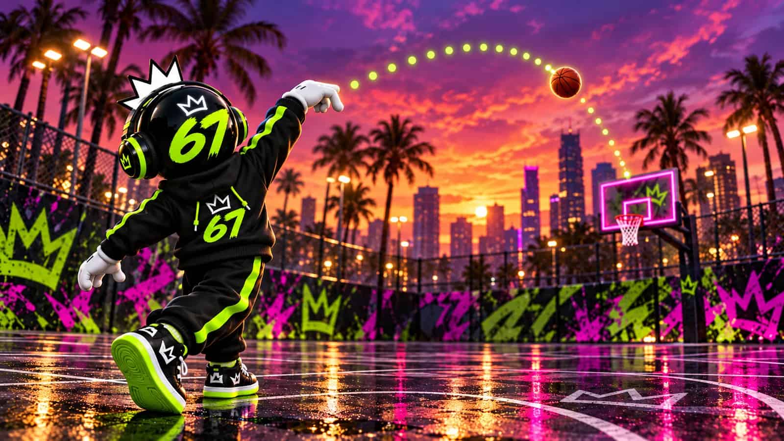 A glowing trail of dots arcing from the mascot's hand toward a distant neon hoop
