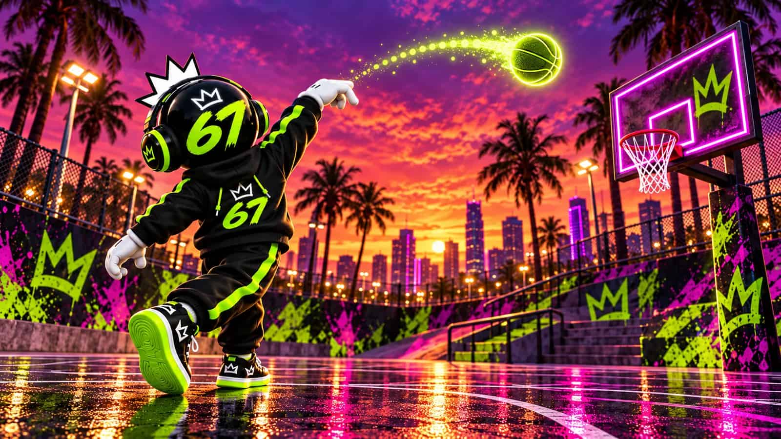 The 67 mascot flicking a glowing lime basketball toward a neon hoop at sunset