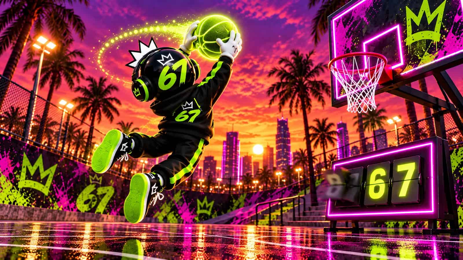 The mascot mid-air catching a lime basketball as the scoreboard flips to exactly 67