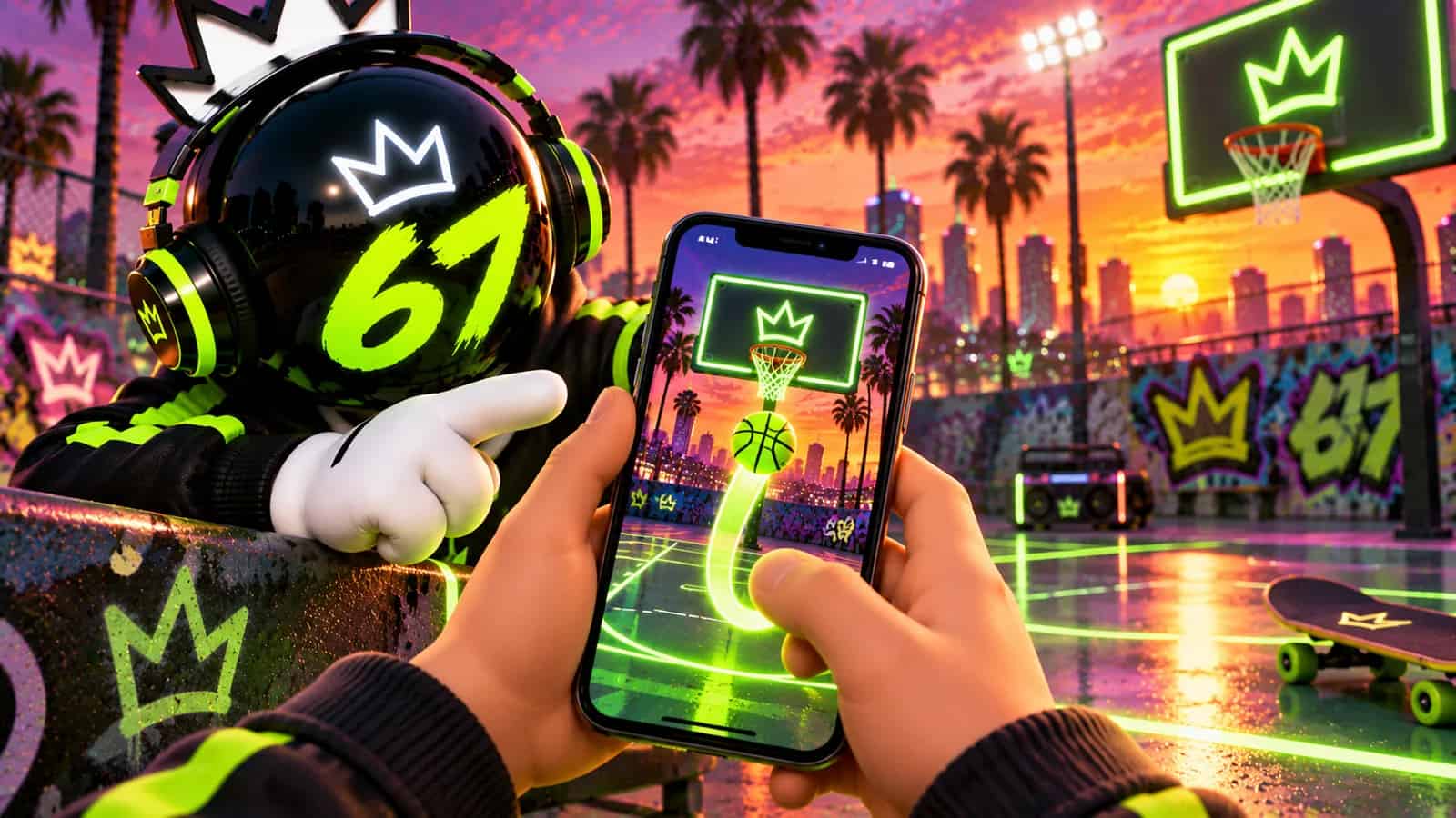 A hand holding a phone in portrait mode with the 6-7 Hoops game and glowing hoop visible on screen