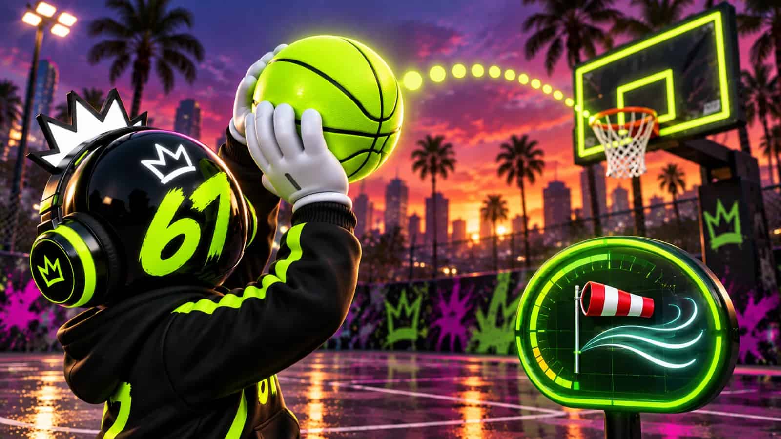 A close-up of a glowing wind meter widget beside the mascot lining up a basketball shot