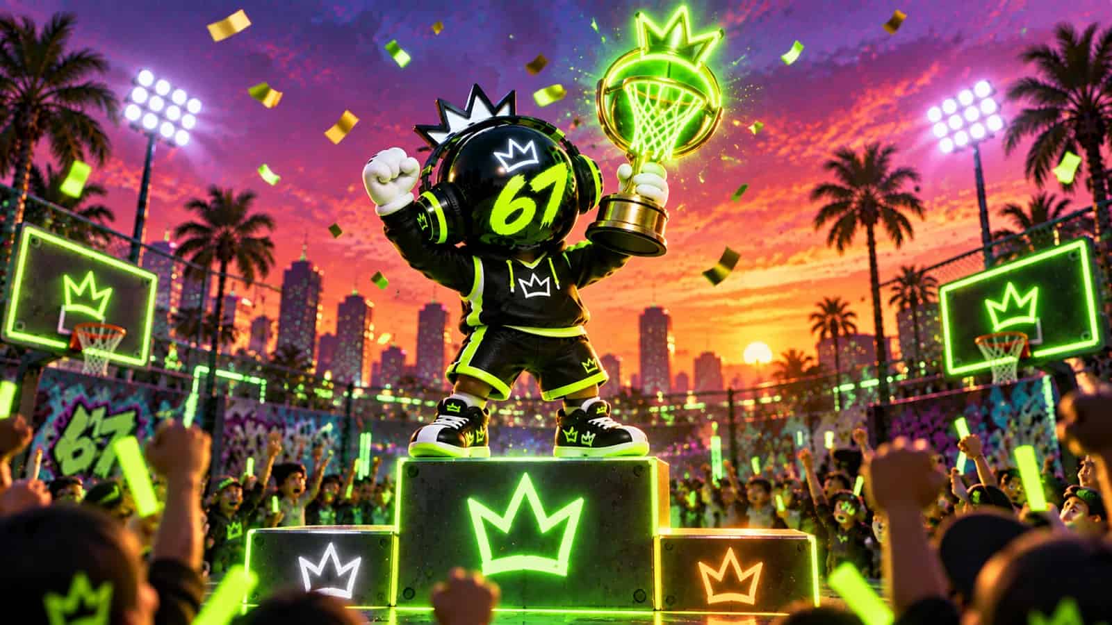 The mascot standing on a podium holding a lime trophy shaped like a basketball hoop