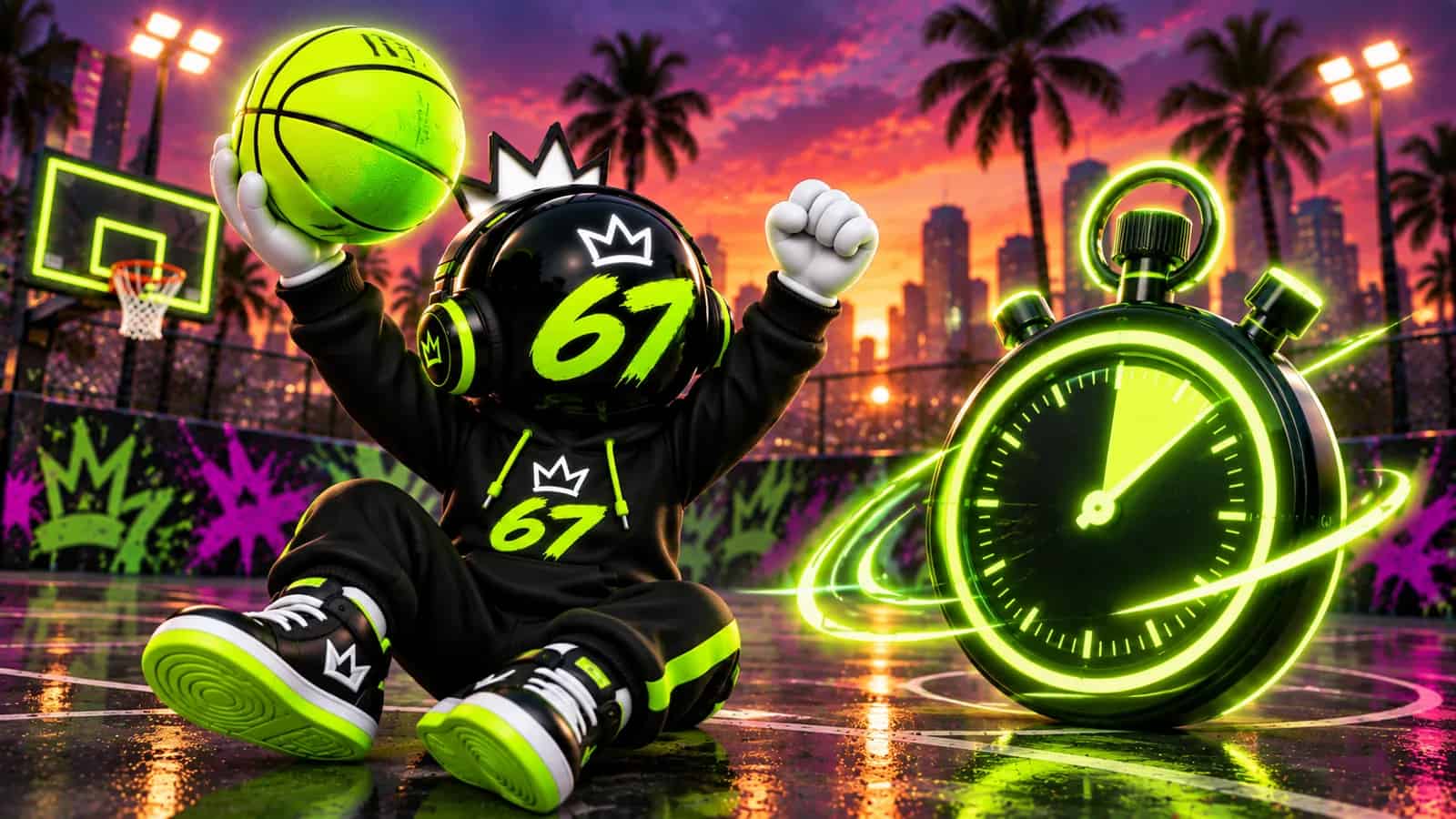 A stopwatch made of neon light next to the mascot celebrating with the ball raised