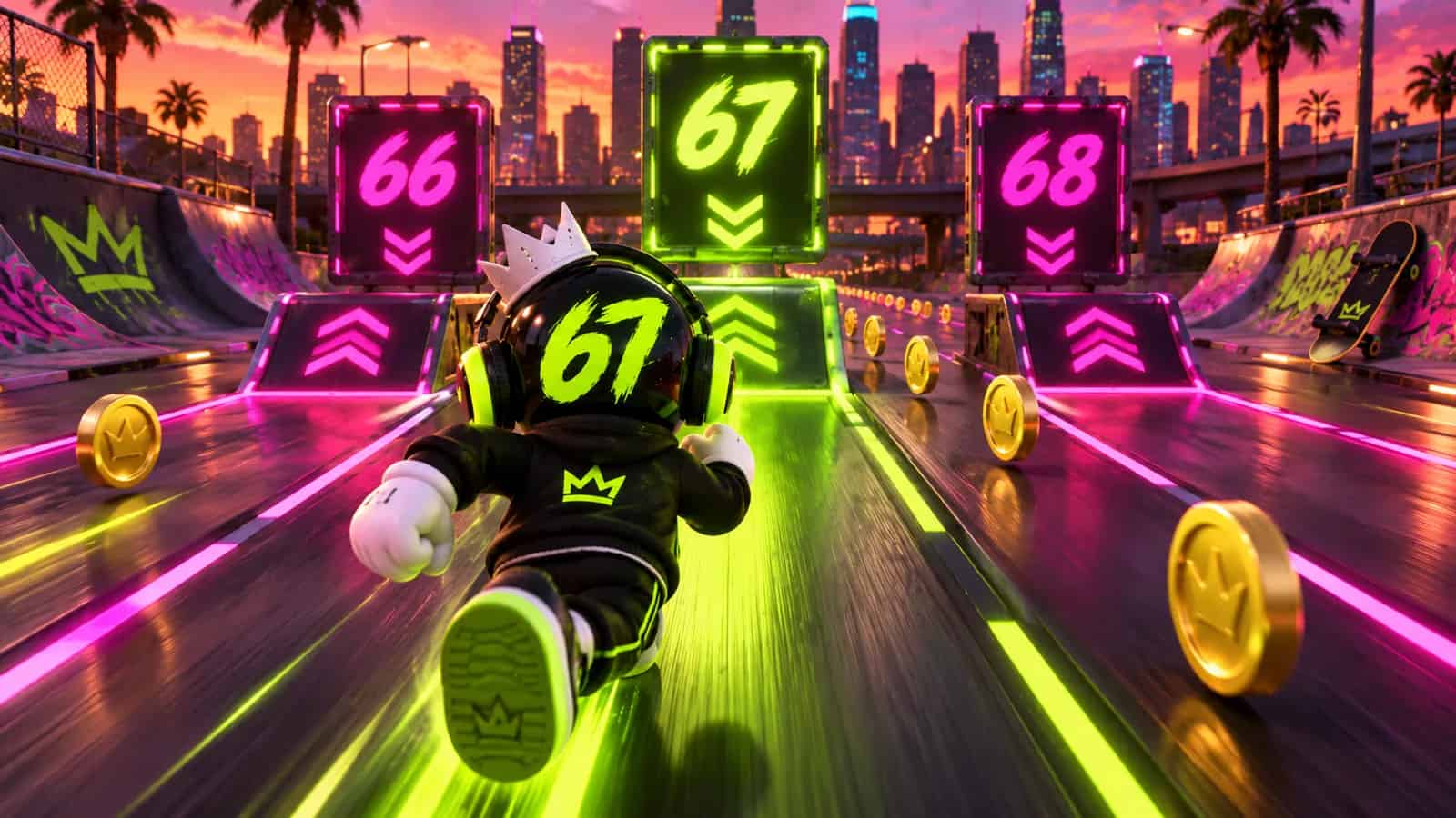 The mascot running down a three-lane neon road with 66, 67 and 68 signs, the 67 glowing lime
