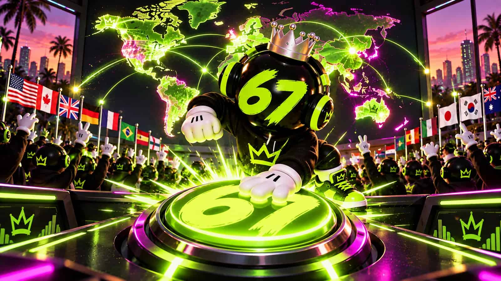 The mascot slamming a giant lime 67 button with a world map lighting up behind