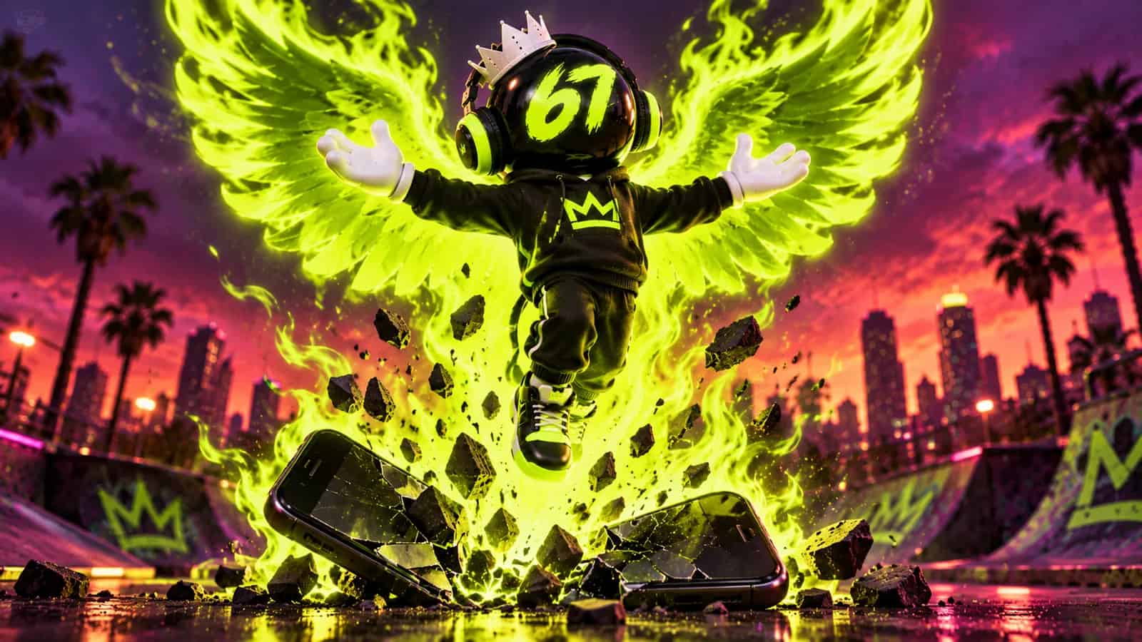 The mascot rising like a phoenix from lime flames above a broken old phone