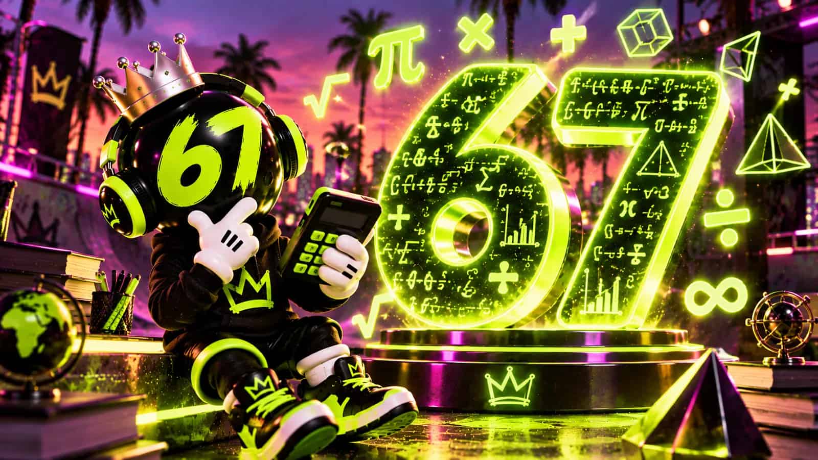 A giant glowing 67 made of math symbols while the mascot holds a calculator